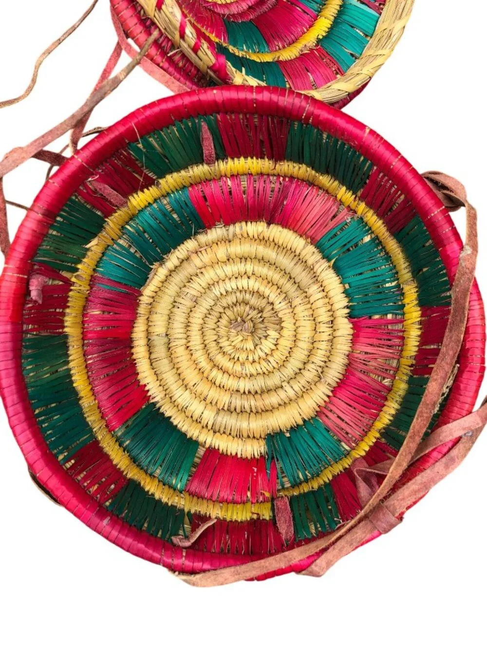 Ethiopian Handwoven Multi-Color Coiled Basket Lid Leather Straps Traditional Des